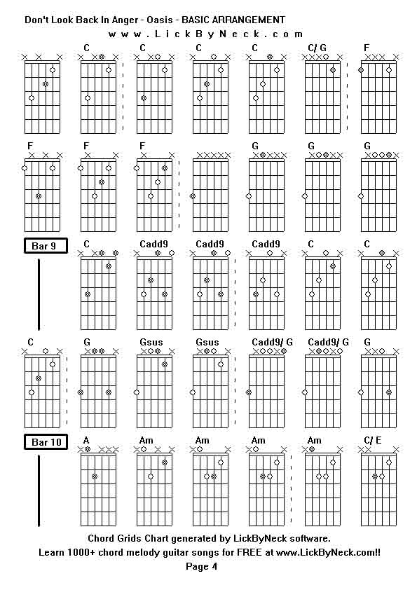 Chord Grids Chart of chord melody fingerstyle guitar song-Don't Look Back In Anger - Oasis - BASIC ARRANGEMENT,generated by LickByNeck software.